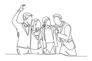 Single continuous line drawing of young happy male and female manager standing together and hugging each other to show their unity bonding. Friendship concept. One line draw design illustration vector