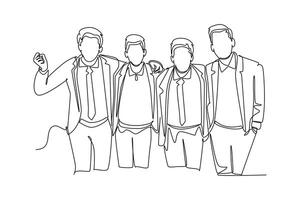 Single continuous line drawing happy male team member cheering together and hugging each other to celebrate their success work. Business team concept. One line draw graphic design illustration vector