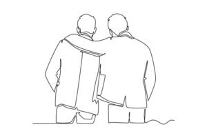 Single one line drawing back view of young happy businessmen hugging each other to show support when meeting at the office. Business friendship. Continuous line draw design graphic illustration vector