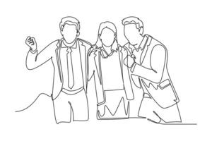 Single continuous line drawing young happy male and female manager standing together and hugging each other to show their unity bonding. Friendship concept. One line graphic design illustration vector