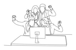 Single continuous line drawing group of marketing team celebrating and hugging each other for their successful goal achievement. Work celebration concept. One line graphic design illustration vector