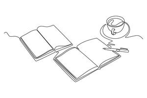 Single continuous line drawing of hand gesture writing on an open book beside a cup of coffee at work desk. Writing draft business concept. Dynamic one line draw graphic design illustration vector