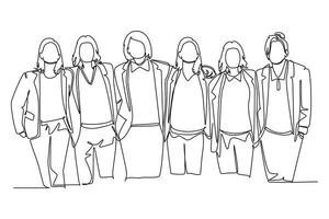 Continuous one line drawing group of women are hugging. Female together. Happy friendship day with diverse friends of people hugging to celebrate special event. Single line design illustration vector