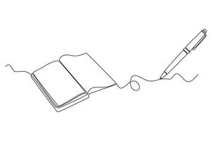 Single continuous line drawing of open book with pen or pencil above work desk. Education learning or writing business draft on office notes concept. One line draw graphic design illustration vector