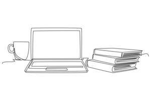 Single one line drawing of computer laptop, paper cup of coffee and open book on office table desk. College student study learning desk. Modern continuous line draw design graphic illustration vector