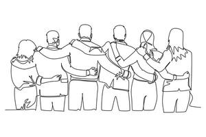 Single one line drawing back view of group men and woman from multi ethnic standing together to show their friendship bonding. Unity in diversity. Continuous line design graphic illustration vector