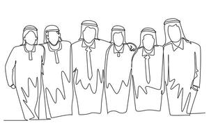 Continuous one line drawing group of Arabian men are hugging. Male together. Happy friendship day with diverse friends of people hugging together. Single line draw design graphic illustration vector