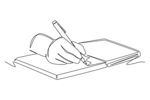 Continuous one line drawing hand gesture of student college writing on paper at open book. Business to do list. Knowledge and education concept. Single line draw design graphic illustration vector