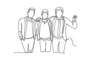 Single continuous line drawing of three young male employee standing together and hugging each other while meeting at the office. Business friendship. One line draw graphic design illustration vector