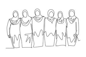 Continuous one line drawing group of Arab women hugging. Female together. Happy friendship day with diverse friends of people hugging to celebrate special event. Single line design illustration vector