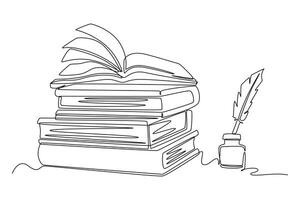 Single continuous line drawing of ink and quill pen beside stack of books, on office desk. Old antique writing equipment for writer or student concept. One line draw graphic design illustration vector