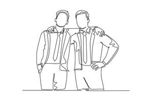 Single continuous line drawing of two young happy businessmen at the office standing together and posing to hug each other. Business partner concept. One line draw graphic design illustration vector