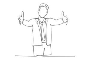 Single one line drawing happy young male worker give supporting hug gesture to his office friend. Welcoming businessman friend support concept. Continuous line draw design graphic illustration vector