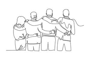 Single one line drawing back view of group men and woman from multi ethnic standing and hugging together show their unity bonding. Friendship. Continuous line draw design graphic illustration vector