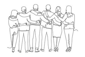 Single one line drawing back view of group men and woman from multi ethnic standing together show their friendship bonding. Unity in diversity. Continuous line draw design graphic illustration vector
