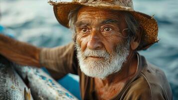 An old man with a hat on is holding a fish photo