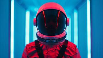A person wearing a red helmet and red suit photo