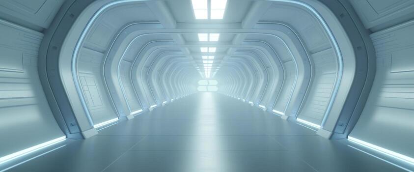 A long hallway with bright lights and a long tunnel photo