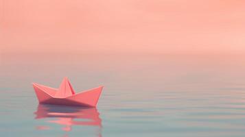 Folded Paper Boat Floating on Calm Water in Pink Sunset Surreal Minimalist Seascape Tranquil Folded photo