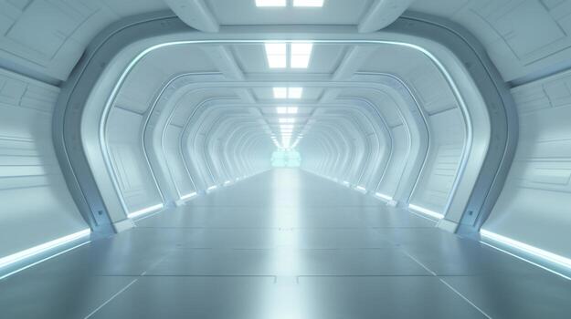 A futuristic tunnel with bright lights and a long hallway photo