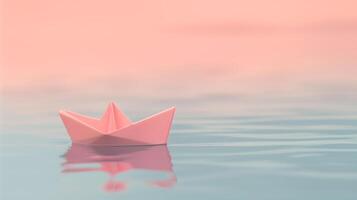 Pink Origami Paper Boat Floating on Calm Water Under Soft Sunset Sky - Tranquil Minimalist Scene Symbolizing Peace, Serenity, and Simplicity photo