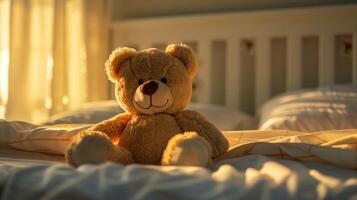 Teddy Bear on Sunlit Bed in Cozy Bedroom, Morning Sunshine Through Windows, Child's Room, Soft Plush Toy, Serene Atmosphere, Warm and Inviting, Comfortable Bedding, Peaceful Home Decor Scene photo