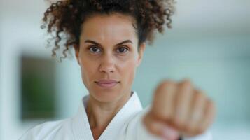Karate Kung Fu Master Confident Woman Martial Artist in White Uniform Displaying Fist in Focused Training Session photo