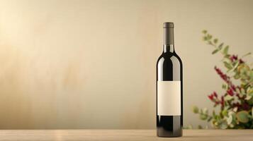 Wine Bottle with Blank Label on Wooden Table Surrounded by Eucalyptus and Fall Foliage in Warm Background photo