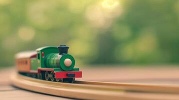Charming Wooden Toy Train on Outdoor Track with Sunlit Green Bokeh Background for Playful Childhood Memories and Eco-Friendly Toy Design photo