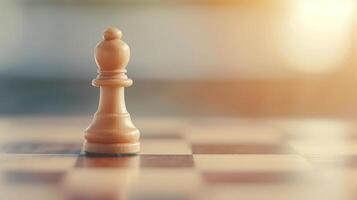 Strategic Chess Move Featuring a Single Wooden Pawn on a Sunlit Chessboard, Symbolizing Competition, Focus, and Tactics in a Classic Board Game Set Against a Blurred Background photo
