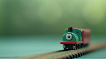 Vintage Toy Train Model on Track Against Green Bokeh Background, Nostalgic Childhood Memorial, Holiday Gift Idea, Retro Plaything for Kids, Detailed Miniature Train Set for Collectors photo