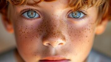 Close-Up Portrait of a Young Boy with Red Hair, Freckles, and Blue Eyes Looking Directly at Camera, Natural Light, Child Expression, Innocence, Childhood Photography, Emotional Connection photo