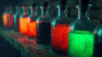 Glowing Potion Bottles in Dark Cellar with Cobwebs, Mysterious and Magical Atmosphere, Halloween Decor, Colorful Illuminated Vials on Wooden Shelf, Elixirs and Spells Concept for Fantasy Themes photo