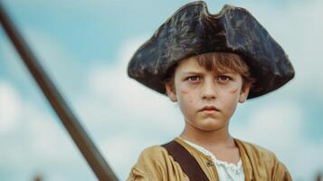 Pirate Boy Costume Hat and Sword Against Blue Sky Background, Close-Up Portrait, Adventure and Imagination, Childhood Play, Halloween Costume, Outdoors, Daylight photo