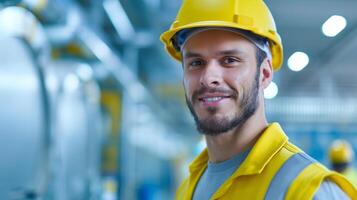 Smiling Male Factory Worker in Yellow Hard Hat and Vest, Industrial Background, Professional Engineer, Safety Gear, Modern Manufacturing Facility, Quality Control, Employment in Engineering Sector photo