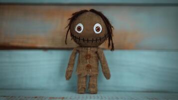 Handcrafted Burlap Doll with Button Eyes on Blue Wooden Background - Nostalgic Handmade Toy Design for Halloween Decoration or Rustic Home Decor Ideas photo