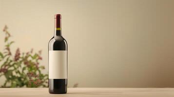 Red Wine Bottle on Wooden Table with Blank Label, Minimalistic Design, Soft Background, Perfect for Product Mockups, Wine Label Design, and Holiday Themed Photography photo
