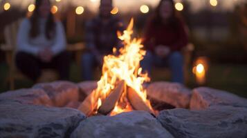 Fire Pit Gathering With Friends in Rustic Setting, Warm Glow of Fire at Dusk, Relaxing Backyard Autumn Campfire, Cozy Fall Outdoor Recreational Activity, Social Bonding in Comfortable Atmosphere photo