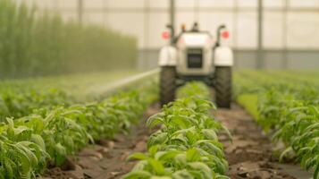Modern Automated Sprayer in Greenhouse for Sustainable Agriculture with Advanced Irrigation Technology and Tomato Plants in Rows photo