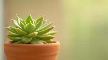 Beautiful Succulent Plant in Terracotta Pot Against Soft Blurred Background, Ideal for Home Decor, Minimalist Design, and Nature Themes photo