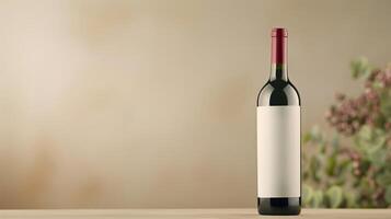 Red Wine Bottle Mockup Clean Label Against Subtle Blurred Background with Blank Label for Custom Branding and Design, Crossover Use in Advertising, Marketing, Fine Dining, Emphasizing Sophistication photo