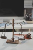 Law theme, gavel or mallet of the judge, lawyer enforcement officers, evidence-based cases taken into account in the court abount business, legislation. photo