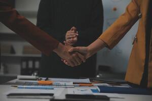 Hand join together for work togetherness, Hand stack for business and service, Team volunteering or teamwork. Concept connection of community and charity. Group of business workforce participation. photo