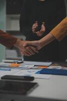 Hand join together for work togetherness, Hand stack for business and service, Team volunteering or teamwork. Concept connection of community and charity. Group of business workforce participation. photo