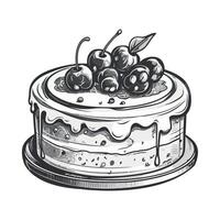 A black and white drawing of a cake with cherries vector
