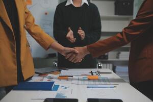 Hand join together for work togetherness, Hand stack for business and service, Team volunteering or teamwork. Concept connection of community and charity. Group of business workforce participation. photo