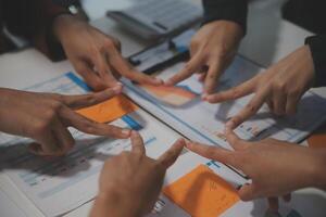 Hand join together for work togetherness, Hand stack for business and service, Team volunteering or teamwork. Concept connection of community and charity. Group of business workforce participation. photo