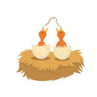 Two baby birds in a nest with a worm vector