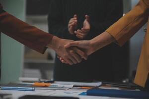 Hand join together for work togetherness, Hand stack for business and service, Team volunteering or teamwork. Concept connection of community and charity. Group of business workforce participation. photo