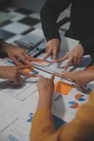 Hand join together for work togetherness, Hand stack for business and service, Team volunteering or teamwork. Concept connection of community and charity. Group of business workforce participation. photo